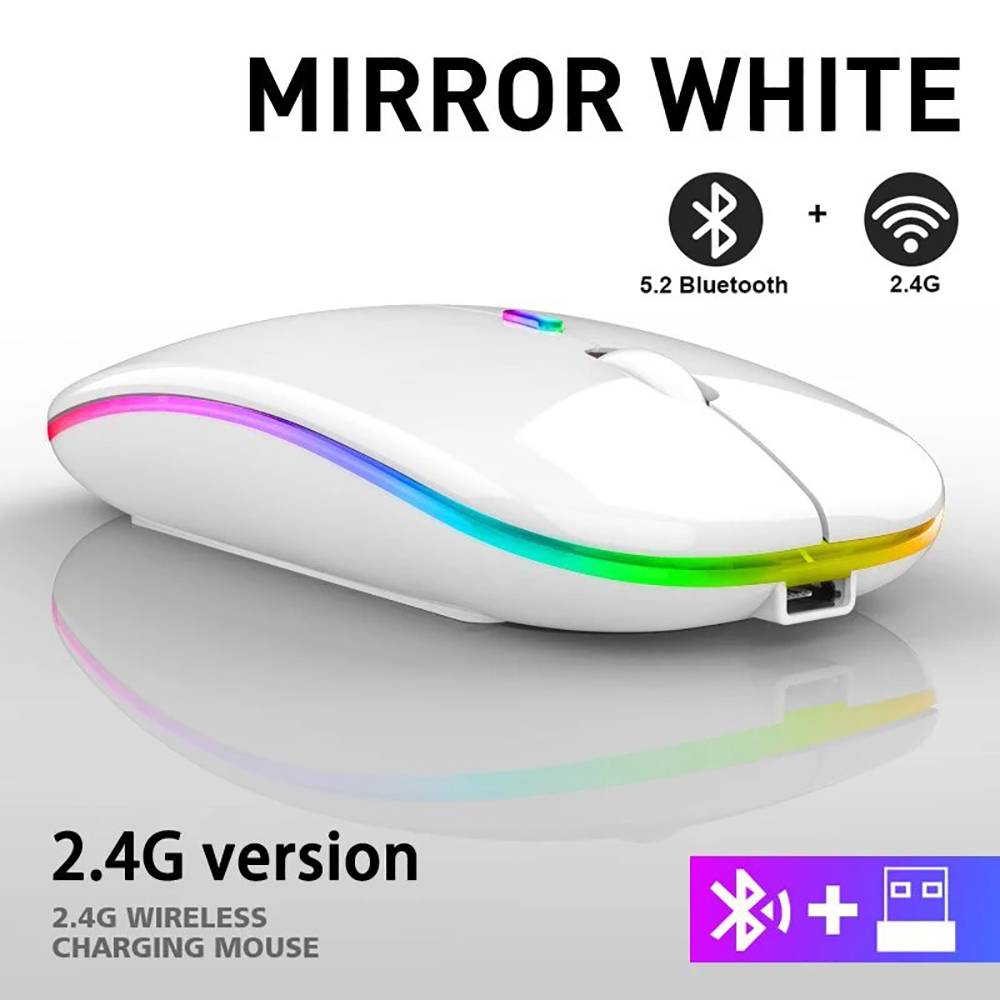 Ratón inalámbrico Bluetooth, recargable por USB, luz LED retroiluminada, 2,4G, modo Dual, ratón silencioso para ordenador portátil, ratón para juegos de PC: Blanco