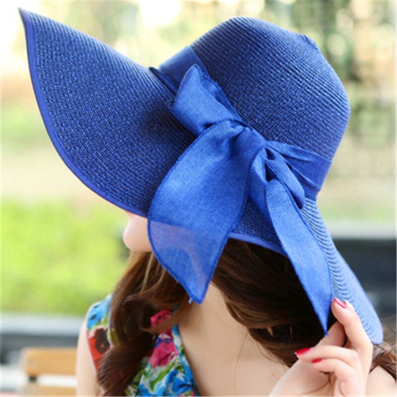 24colors Womens Sun Straw Hat Wide Brim UPF 50 Summer Hat Foldable Roll up Floppy Beach Hats for Women Big Bowknot