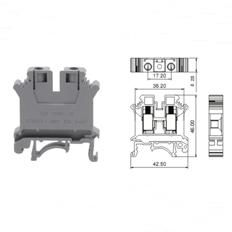 50Pcs Din Rail Universele Schroef Terminal Blokken UK-6N Morsettiera Elektrische Draad Terminals Blok Connector Messing Bornier 57A