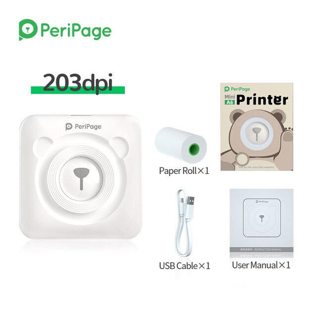 PeriPage – Mini-imprimante thermique Portable pour photos et reçus, 203dpi, Bluetooth sans fil, A6: A6 203 White