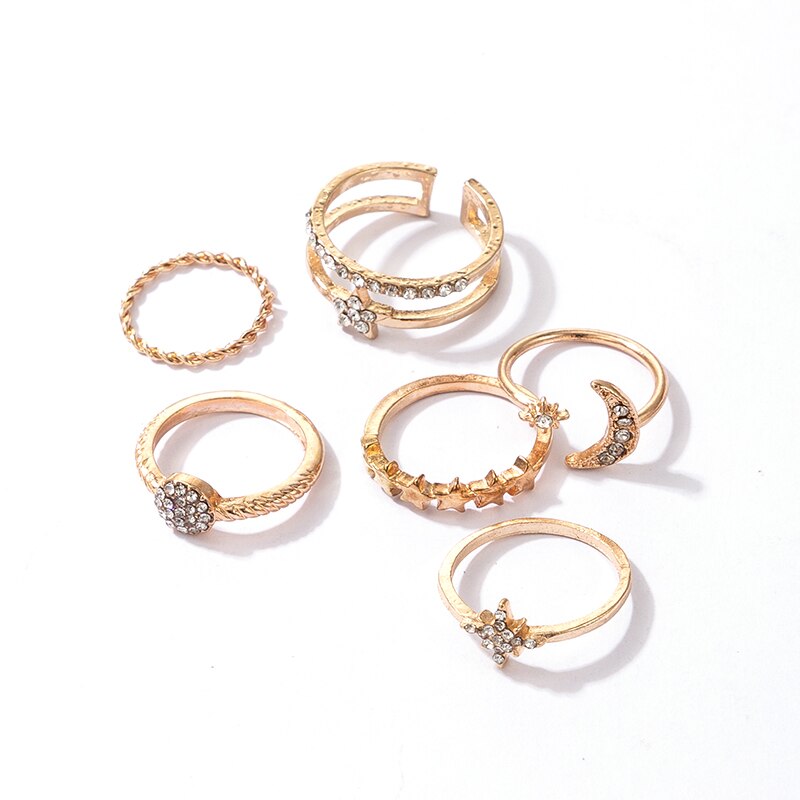 Docona 6 unids/set Bohemia Luna estrella conjuntos de anillos para nudillos para las mujeres de cristal encantador anillos para articulaciones Mujer Accesorios de la joyería de Bijou