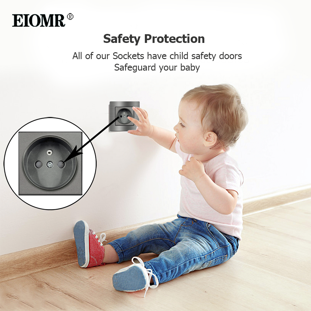 EIOMR France Standard Prise Électrique Gris En Alliage D'aluminium Panneau Interrupteur Rj45 Tv 220V 16A Prises Murales pour Appareil Ménager