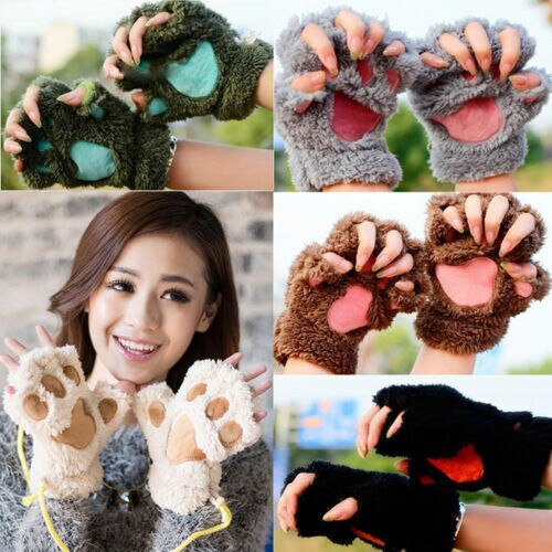 Winter Lovely Women Cat Claw Paw Mitten Plush Glove Costume Cute Winter Warm Half Finger Gloves Women Female Gloves Mitten