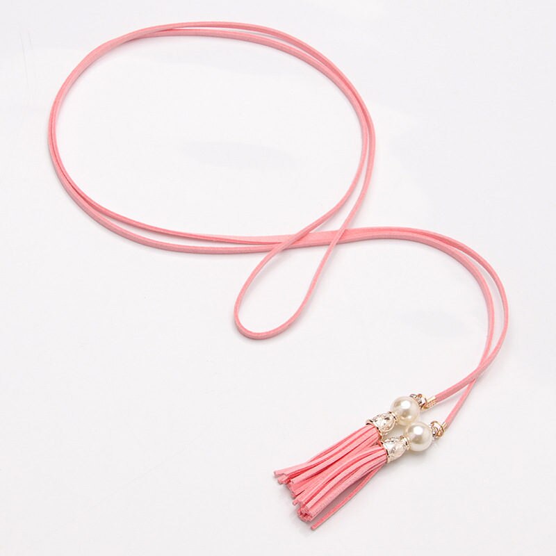 Nuevos cinturones de mujer, cadena de cintura estrecha con borla a la , cinturón para vestido, accesorios decorados con nudos: 8