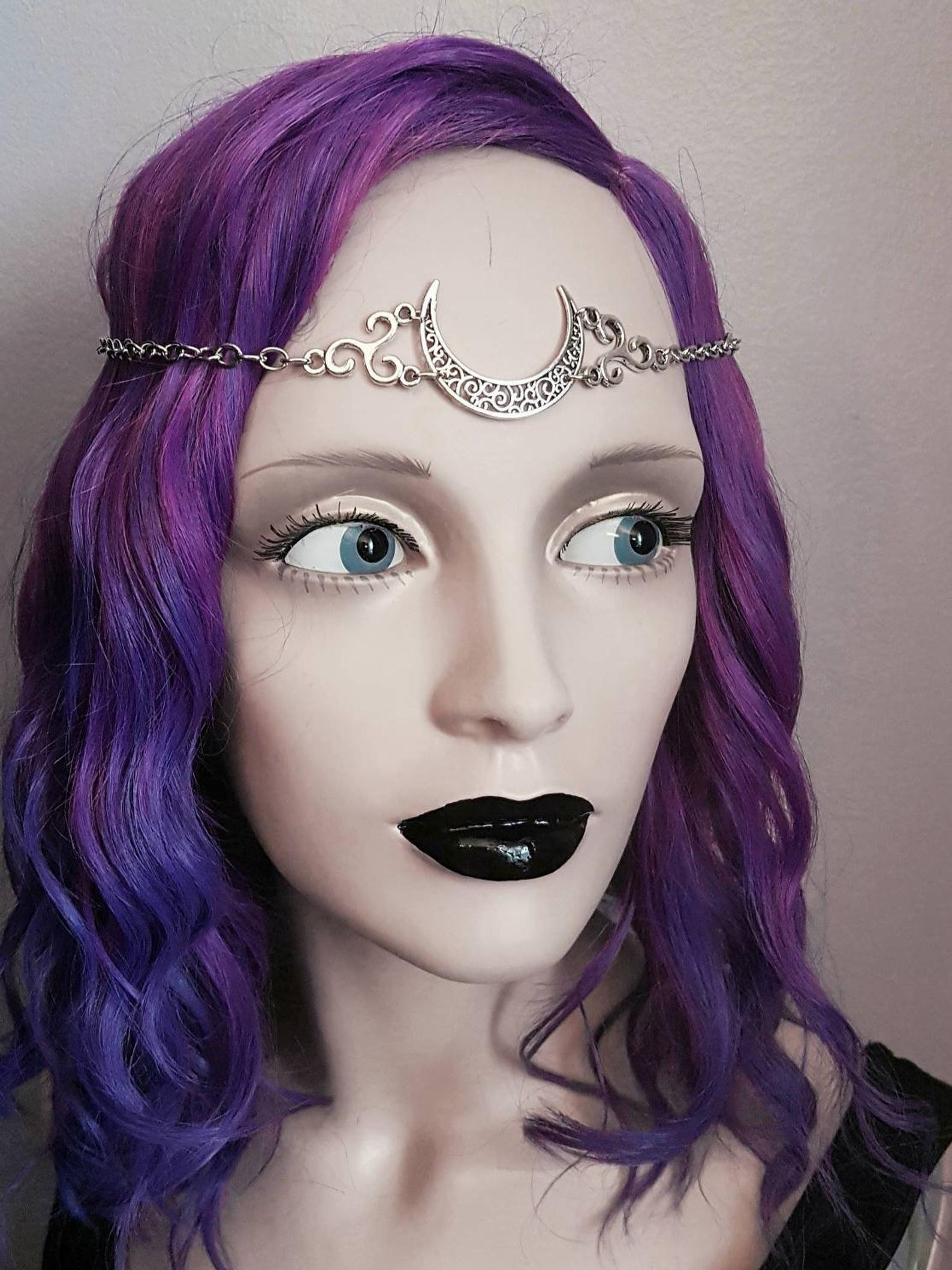 WiccMoon Circlet, Pagan Headdress Wiccan Head Chain Moon &amp; Triskele Headpiece Gothic Head Chain