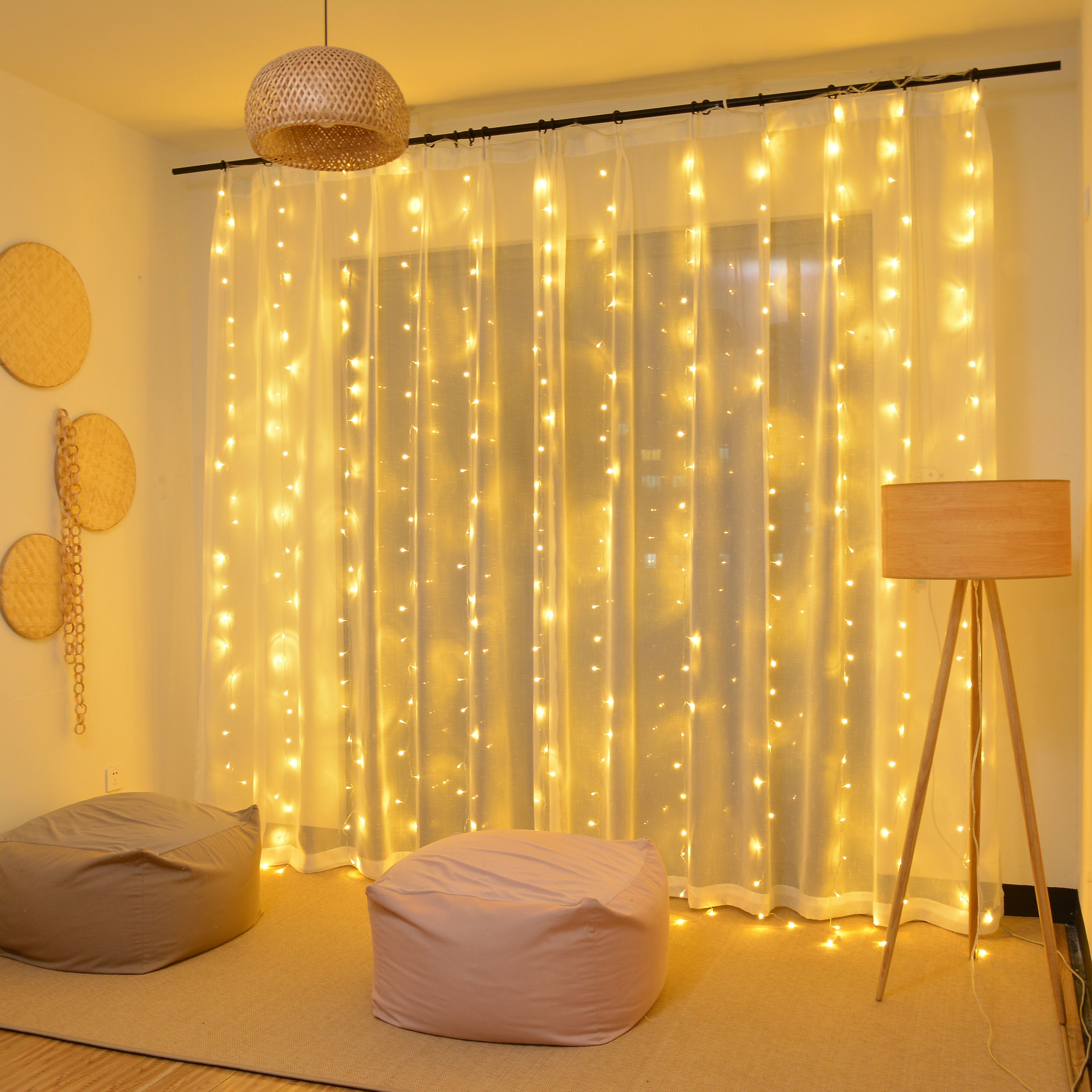 Rideau de fenêtre USB 3M, rideaux lumineux LED, décoration d'extérieur avec éclairage féerique pour maison, chambre à coucher, fête de noël et nouvel an: Warm White / 3m x 1m