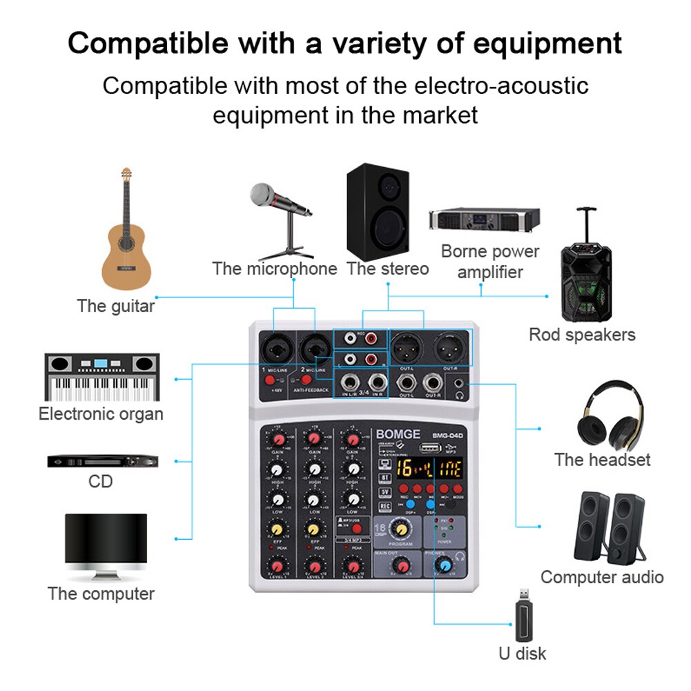 Professionele 4 Kanalen Bt Audio Sound Mixer Multifunctionele Mengen Dj Console Usb 16 Dsp Effecten Mixer Elektrische Muziek Apparatuur