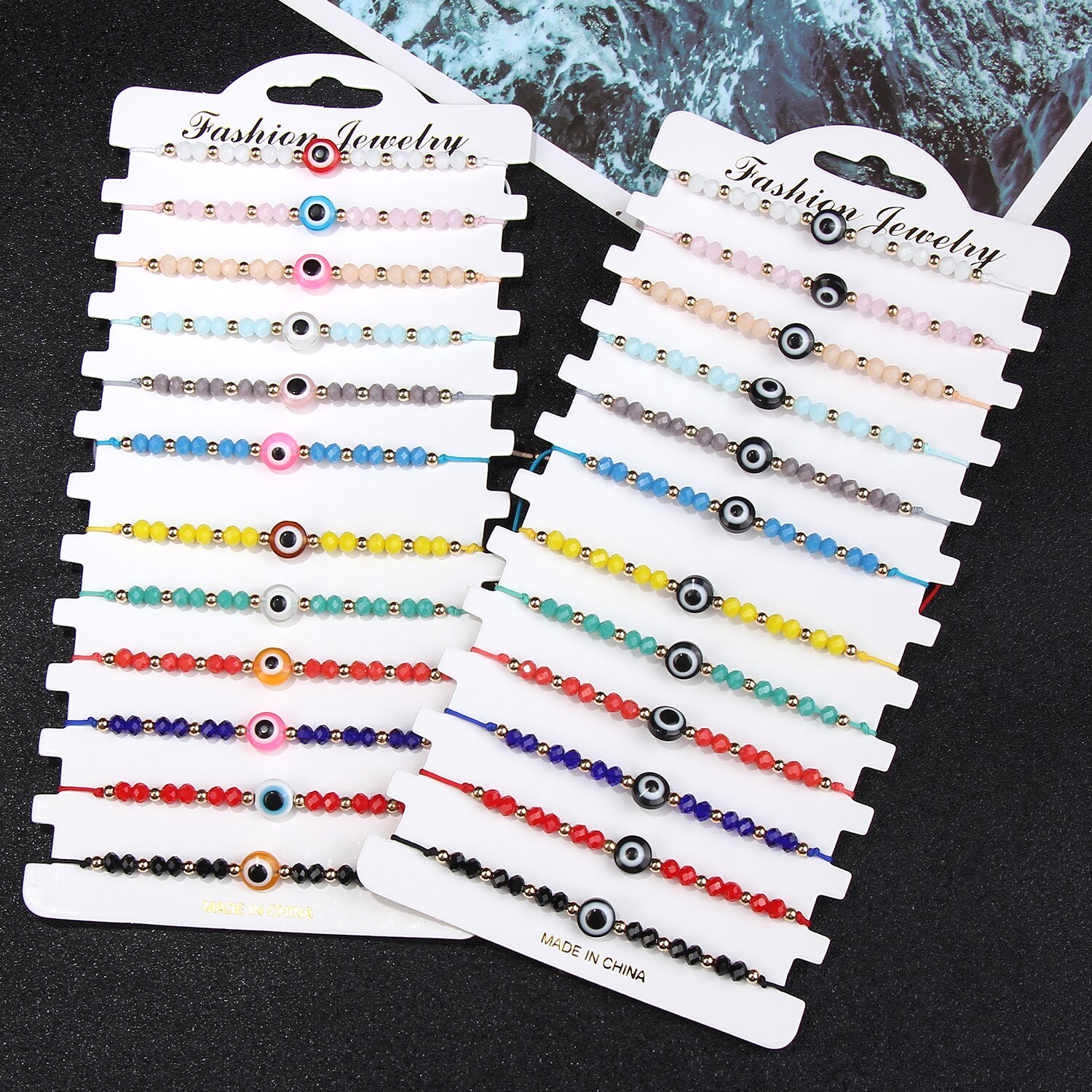 Vrouwen 12 Stks/set Turkije Blue Evil Eye Armband Voor Vrouwen Verstelbare Katoen Ketting Kristal Kralen Armbanden Enkelband Sieraden