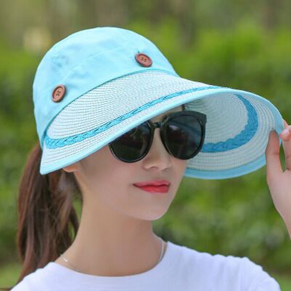 Ymsaid hatte kvinder bred stor skygge floppy sommer strand sol hat stråhat knap kasket sommer hatte kvindelig anti-uv visir cap: Himmelblå