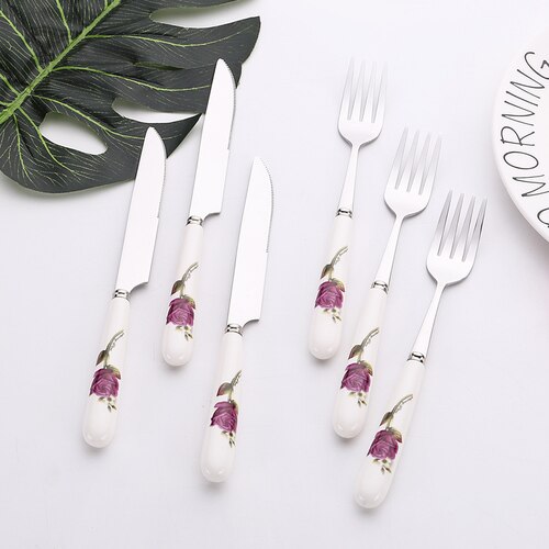 Tableware set Stainless steel Ceramic Steak Knife and Fork full set of Cutlery Spoon 6-pieces: F