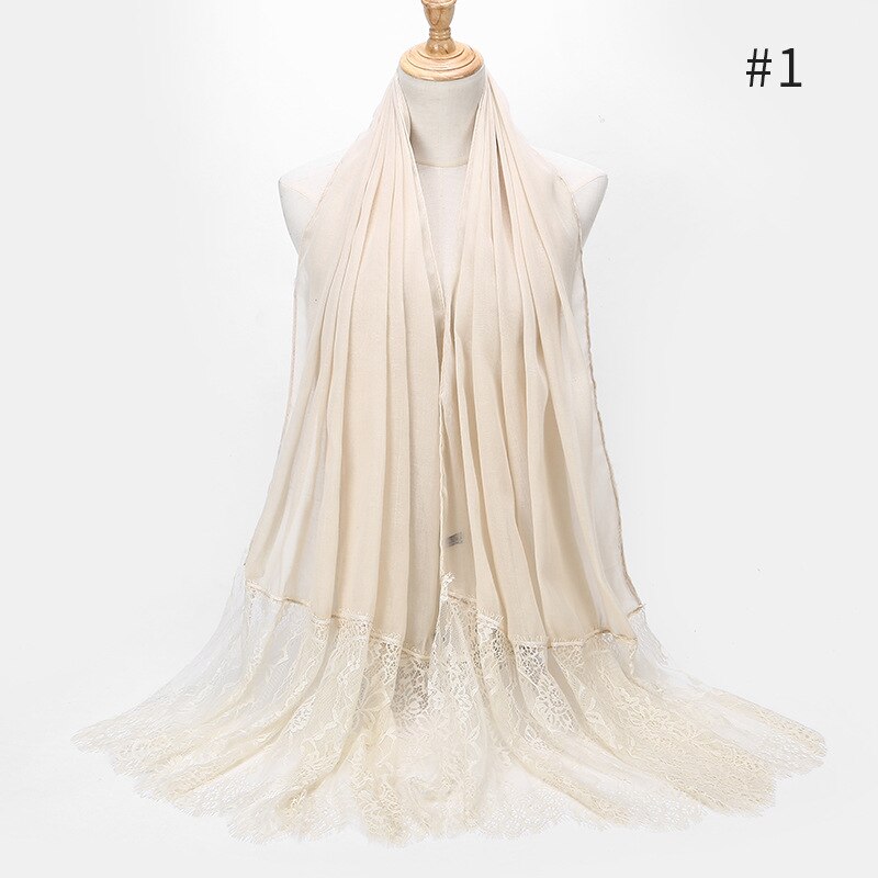 Two Sides Floral Lace Hijabs Viscose Head Scarves Muslim Womens Plain Maxi Muffler Cotton Arab Shawl Tudung Turban 1PC: 1 beige