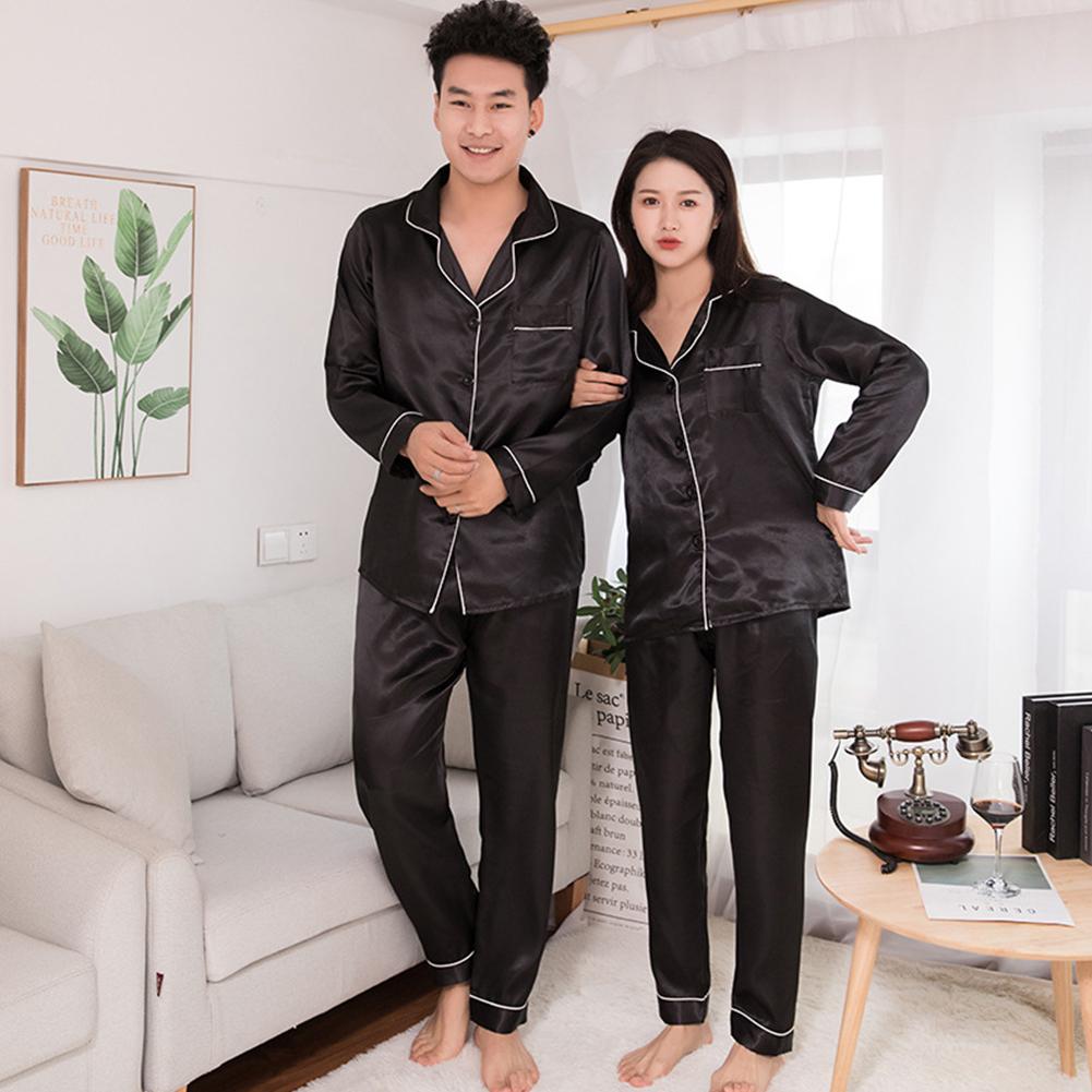 Silk Satin Men Pajamas Set Sleepwear Couple Solid Color Long Sleeve Suit