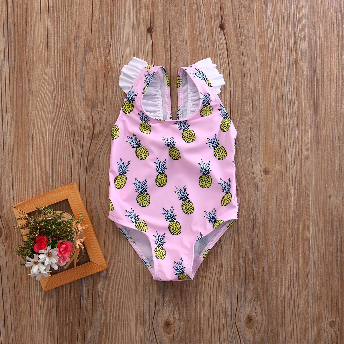 Sommer kawaii ananas ananas trykt baby jenter klær tilbake bue volanger låve beachwear klær