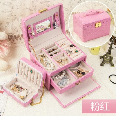 Leather Jewelry Box 7 Colors With Small Protable Travel Jewelry Casket 3 Layers Box: Pink