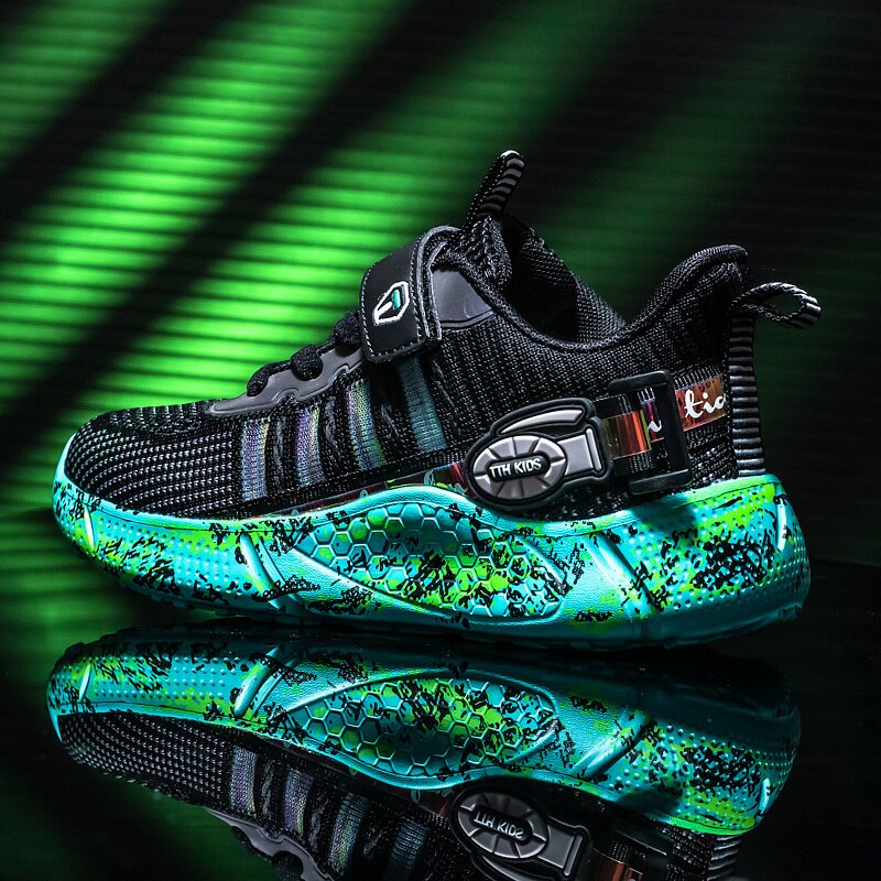 Kindersportschoenen jongens waterdichte enkele schoenen campus meisjes schoenen jongens sneakers casual camouflage kinderschoenen: Zwartgroen / 28