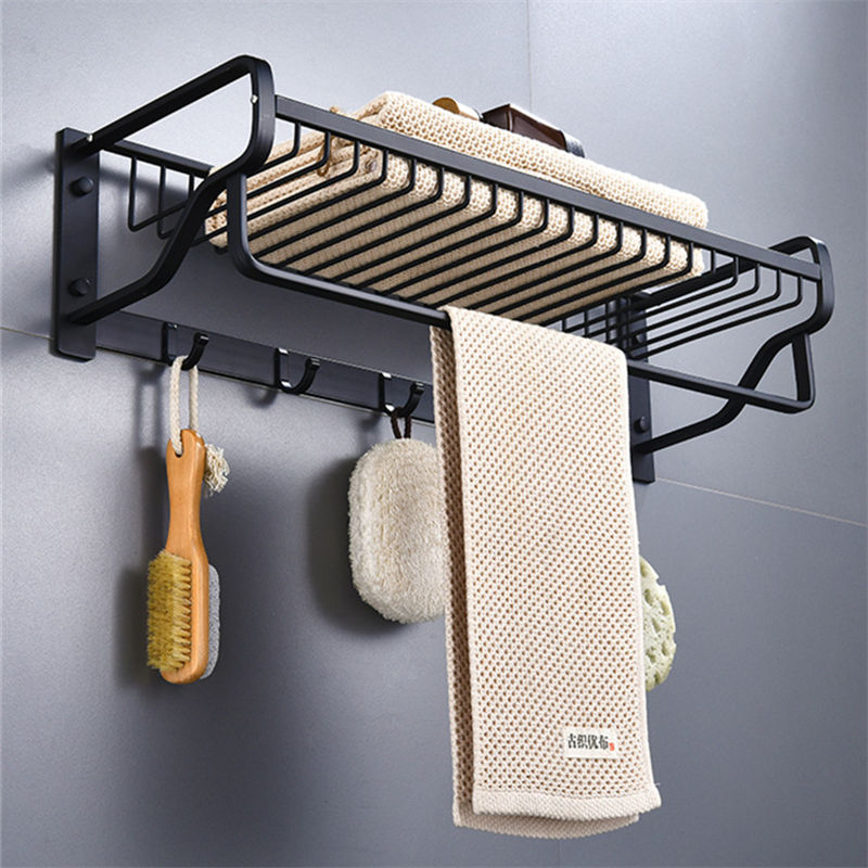 Towel Rack Aluminum Wall Mounted Nail Punched Towel Holder Black Matte Towel Hanger Bathroom Accessories Bath Hardware 57cm