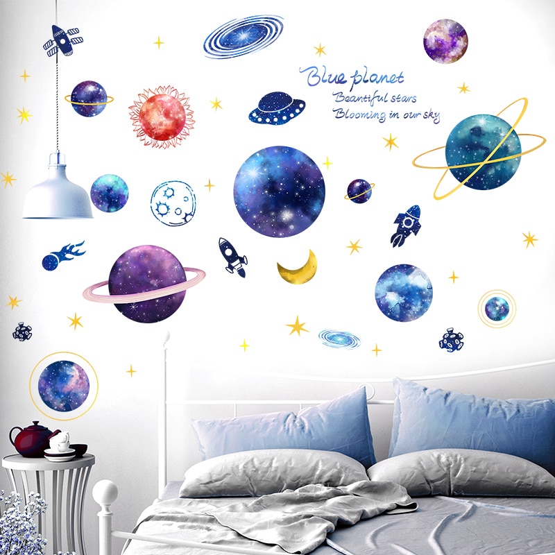 Outer Space Planets Wall Stickers DIY Wolf Animals Wall Decals for Kids Rooms Baby Bedroom Children Nursery Home Decoration