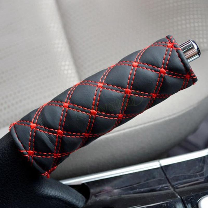 Car Auto Gear Shift HandBrake Hand Brake Cover Grid PU Cover Set Black Red and Balck white #EA10426