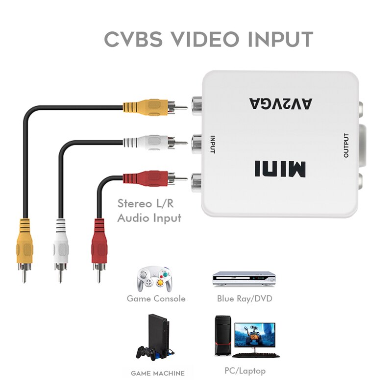 HD 1080P Mini AV2VGA Video Converter Convertor AV/RCA/CVBS to VGA Video Adapter with 3.5mm Audio hole For PC to TV