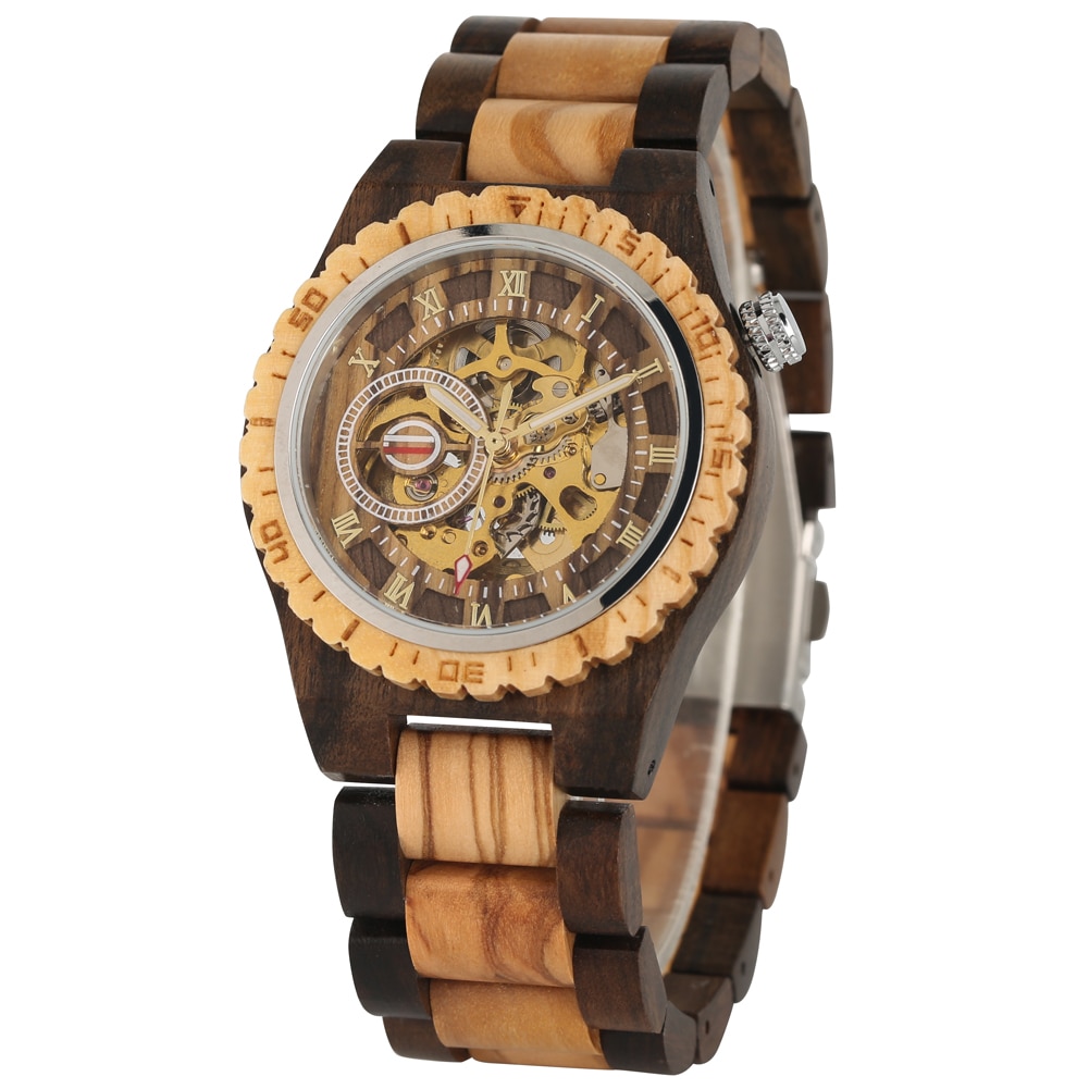 Classic Automatische Mechanische Houten Horloge voor Vrouwelijke MaleWooden Horloges Speciale Grote Ronde Wijzerplaat Houten Horloge