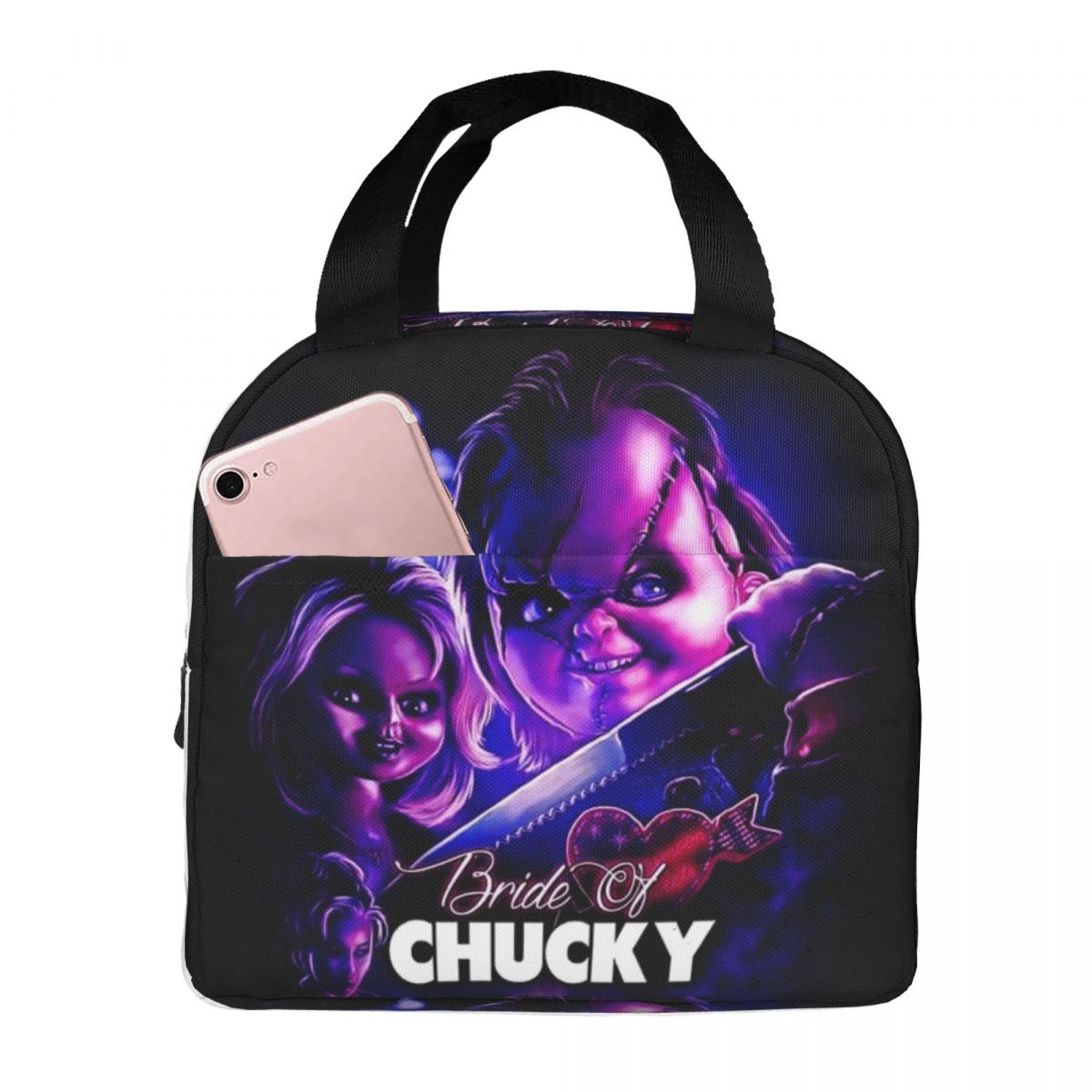 He Wants You For A Best Friend Chucky Lunch Bags Horror Portable Insulated Cooler Child's Play Thermal Picnic Work Lunch Box: Dark Grey