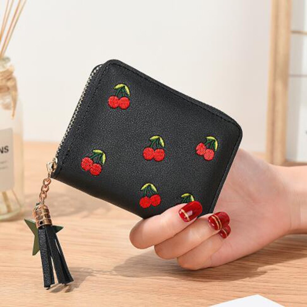 PU Cherry Embroidered Short Women Wallet Zipper Coin Purse Tassel Women Clutch Purses Cards Holder Coin Pocket: Black