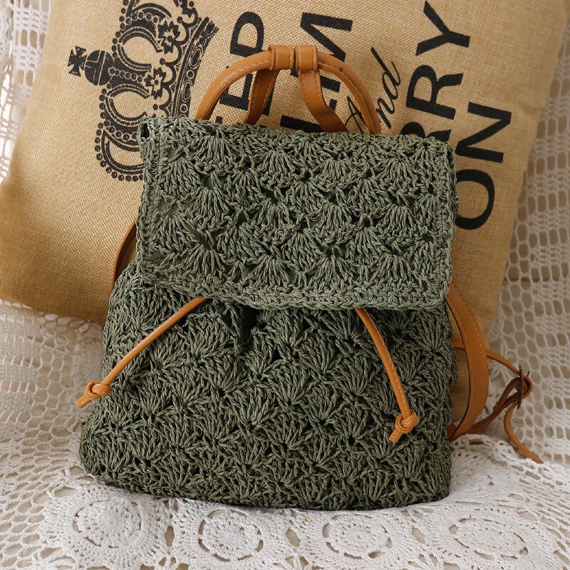 Summer Backpack Sen Women's Seaside Beach Vacation Straw Woven Bag Leisure Bag Purse Fashionable Purses Polyester Handbags: Army Green