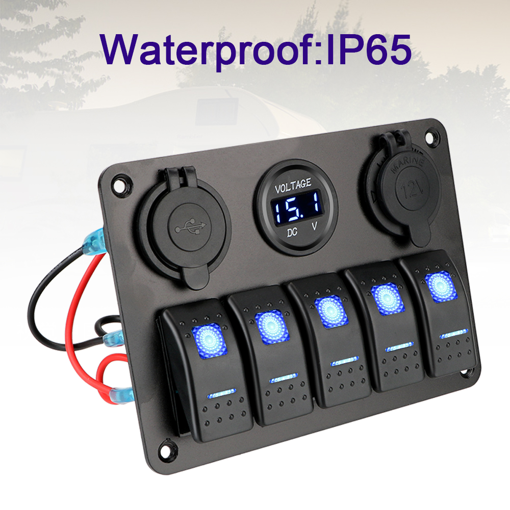 Digital spenning dobbel usb-spor stikkontakt vanntett 5- gangs led vippebryterpanel 12/24v uttak kombinasjon med sikring