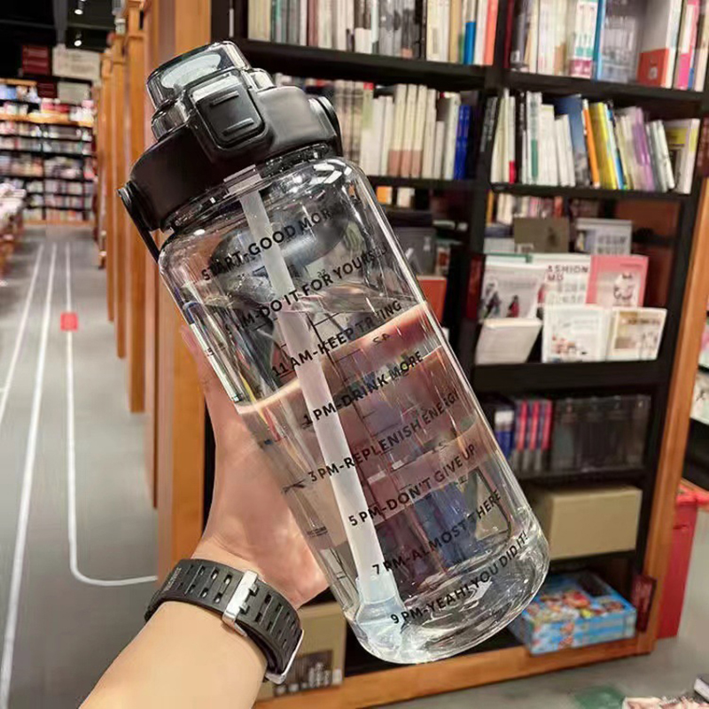 2 Liter Big Water Bottle With Straw Outdoor Sports Female Travel bottles Fitness Cup Summer Cold Water Jug with Time Marker: black