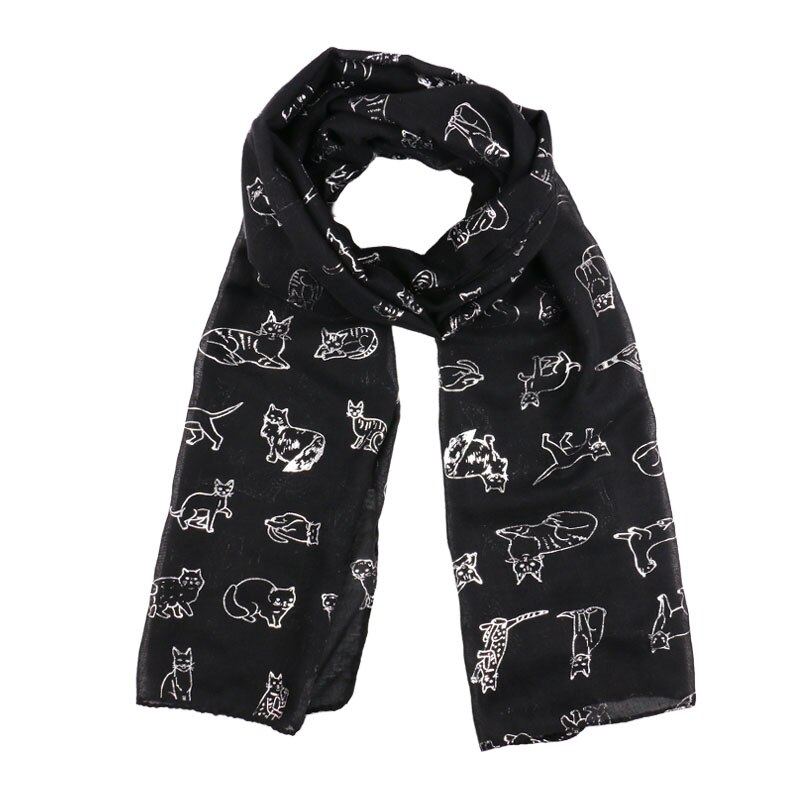 Winfox Ladies Cute Cat Foil Print Scarf Wrap shawl Travel Women Female Black Navy Scarf Autumn Winter Shawls hijab: Black