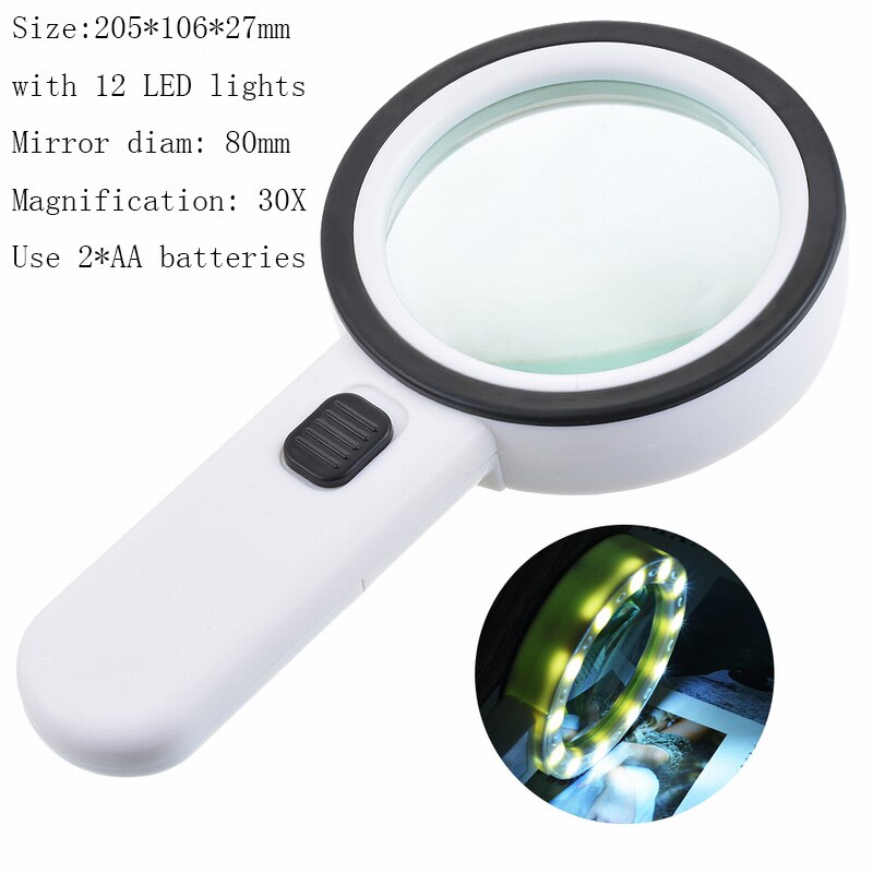 1pcs 30X 12LED Lights High Magnification Magnifying Glass Double Lens Upgraded Magnifier Lamp Magnifying Glass: 30X 12LED