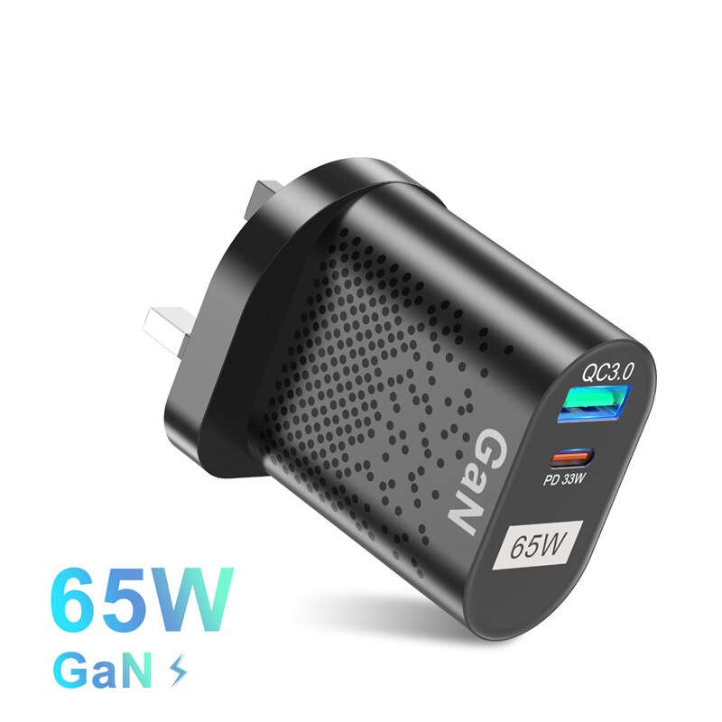 Ładowarka UKGO 65W GaN typ C PD USB QC 4.0 QC 3.0 szybka ładowarka przenośna ścienna do iPhone 13 12 Samsung Galaxy Macbook iPad: UK Plug Black
