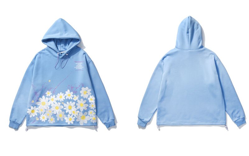 GONTHWID Graffiti Daisy Flowers Floral Print Fleece Hoodies Sweatshirts Mens Harajuku Casual Loose Hooded Tops Outwear Male: Blue / XXL