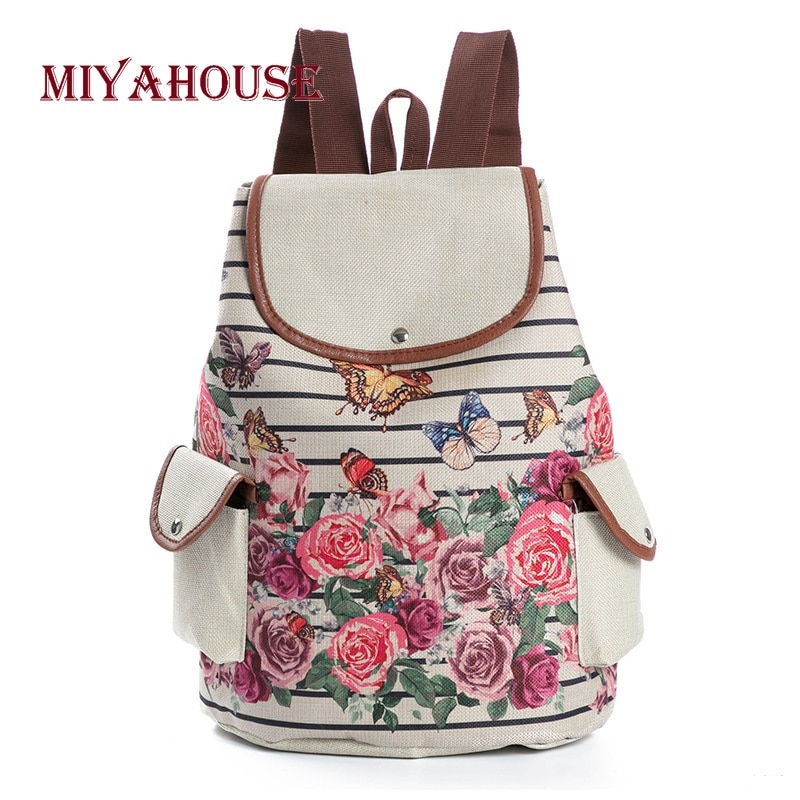 Mochila de lona con estampado Floral Retro Miyahouse para adolescentes, mochila escolar con de mariposa a rayas, mochila de viaje para niñas