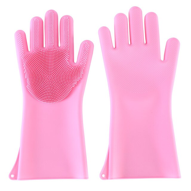 One Pair Dishwashing Cleaning Gloves Magic Silicone Rubber Dish Washing Glove For Household Scrubber Kitchen Clean Tool Scrub: One Pair Pink