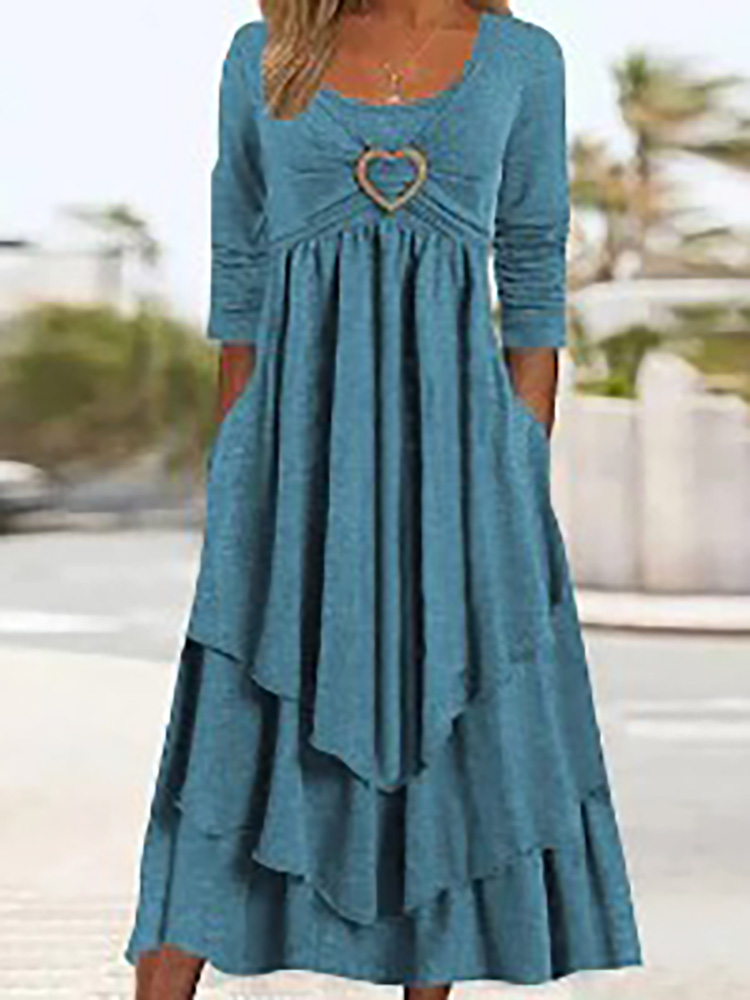 Office Women Patchwork Pockets Midi Dress Round Neck Basic Solid Long Sleeve Dress Lady Casual Summer Ruffles Club Dress