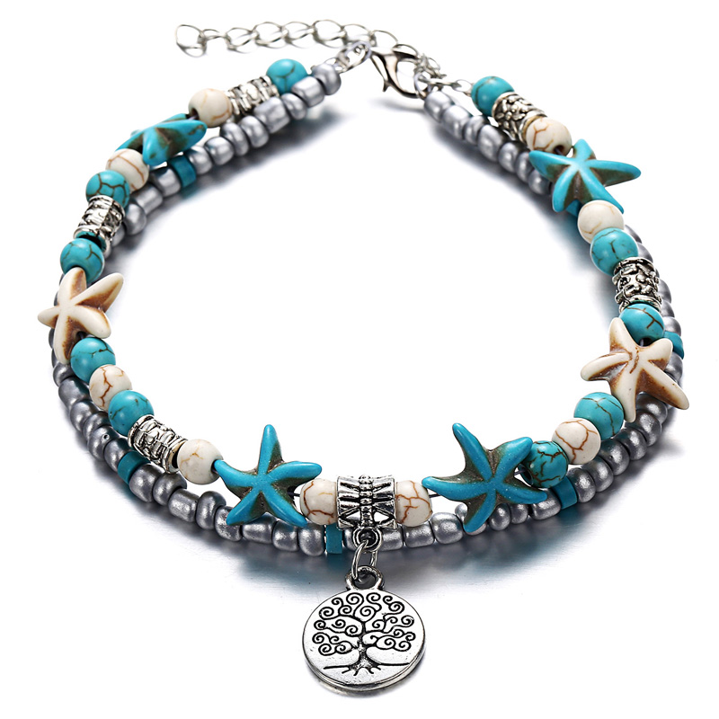 Tobilleras de playa Boho para mujer, pulsera de tobillo de elefante, cadena multicapa, joyería de pie, concha de tortuga, estrella de mar, árbol de la vida, Verano: Color dorado