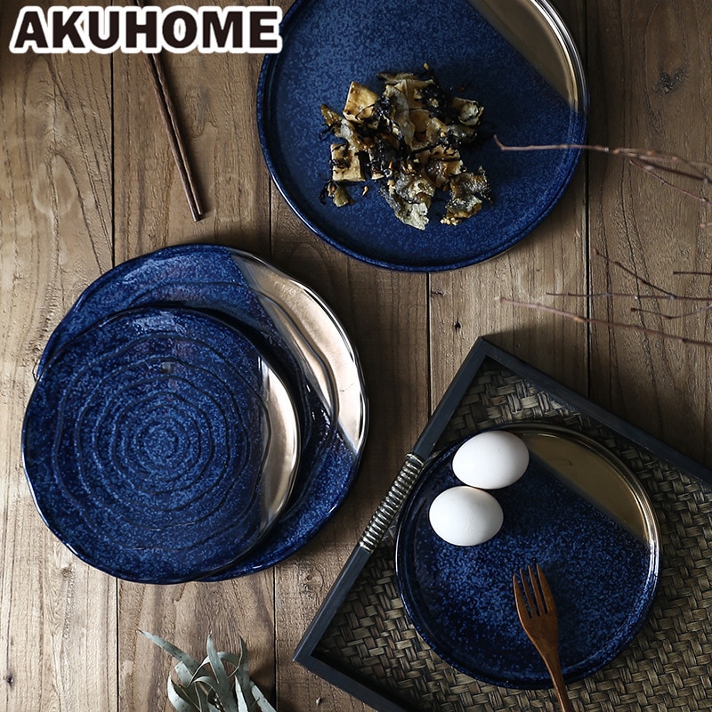 Keramische Platen Ronde Gerechten Diepe Blauw Japanse Stijl Servies Steak Plaat Keramische Schotel Plaat Ondiepe Plaat