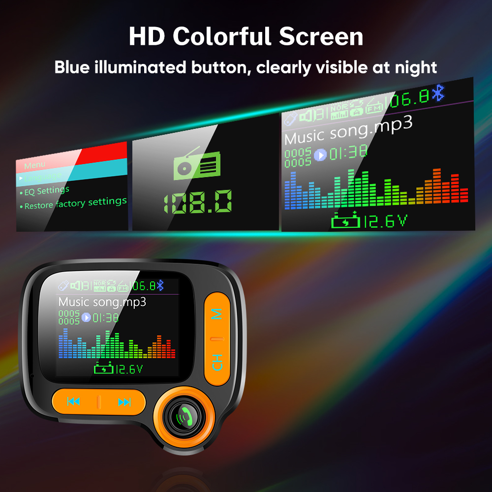 Modulador FM, Kit de coche 1,8 pulgadas, pantalla LCD QC3.0, cargador de coche, cables libres, transmisor FM Bluetooth 5,0