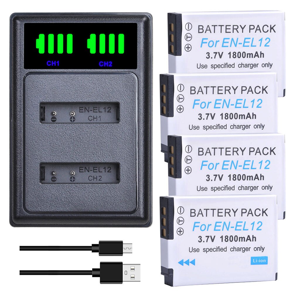 AsperX-Batería de EN-EL12 Akku + USB Dual, cargador con puerto tipo C para Nikon Coolpix S9700 S9500 S9400 S9300 S9100 S8200 S8100: 3 Batteries