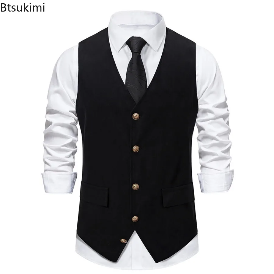Men's Medieval Retro Suit Vest Formal Dress Vest Men Casual Solid Sleeveless V-neck Jacket Wedding Party Waistcoat