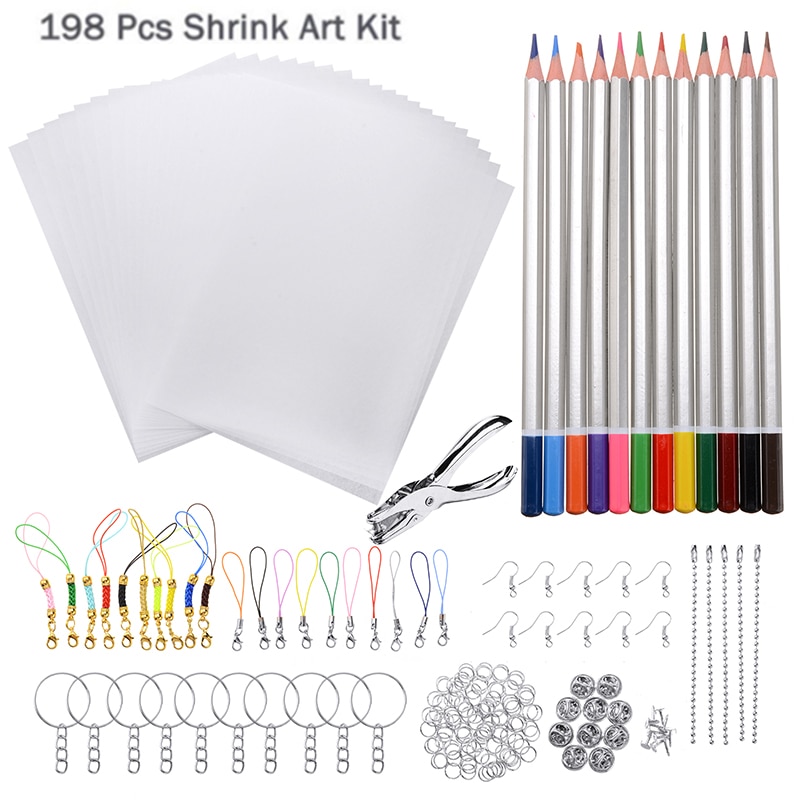 198 Stks/set Plastic Krimpkous Vel Kit Shrinky Papier Perforator Sleutelhangers Tags Maken Diy Tekening Art Supply