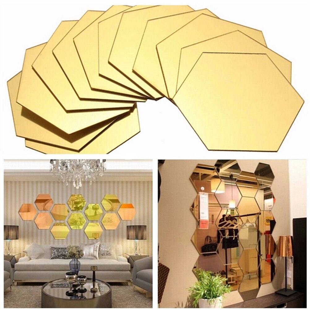 12 stuks/partij 3d spiegel muurstickers hexagon diy huisdecoratie spiegel decoratie stickers kunst muurdecoratie stickers goud zilver