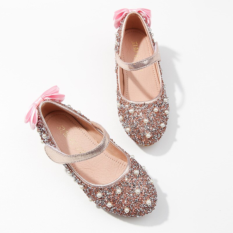 ULKNN Kids Shoes Girls Rhinestone Princess Shoes Child's Leather Show Crystal High-heeled Children's Shoes Pink