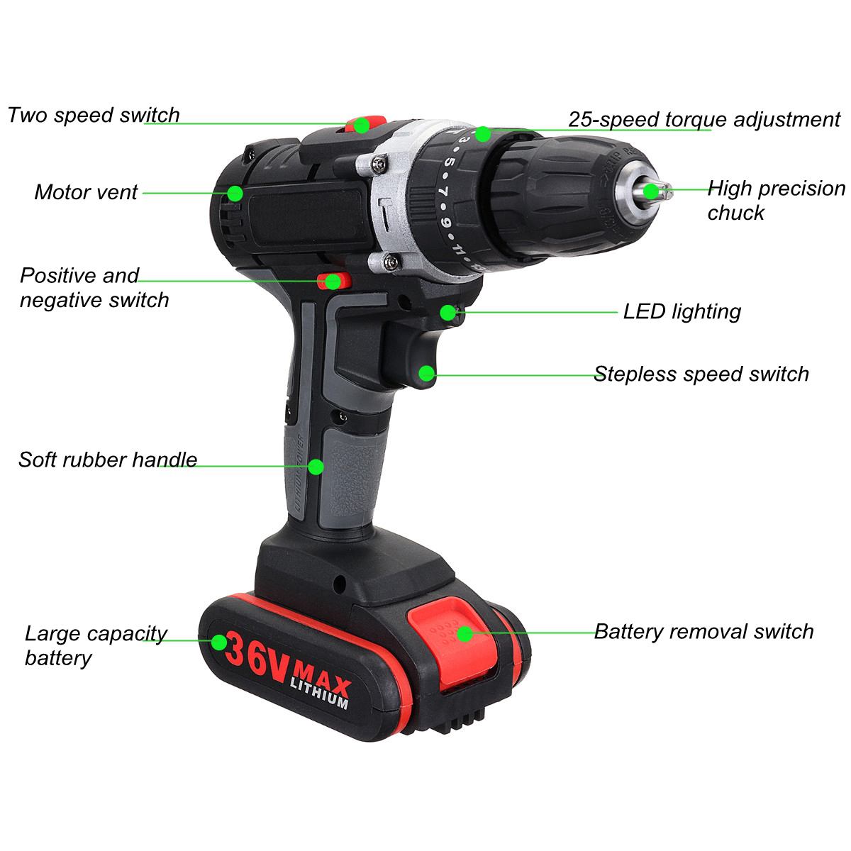 36V Brushless Electric Drill 28N.M Dual Speed Cordless Screwdriver 1 or 2 Li-ion Battery Mini Electric Power Screwdriver Drill