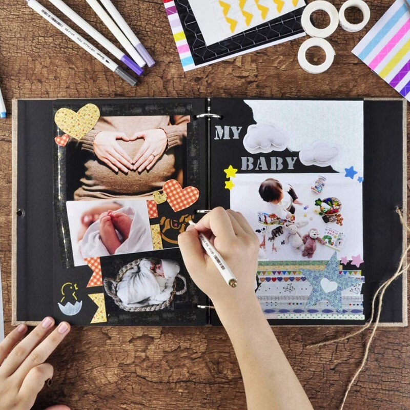 AF88-álbum de fotos álbum de recortes, libro de recortes rellenable de lino, libro de recuerdos de páginas negras Vintage, de vuelta a la escuela para niños, nosotros