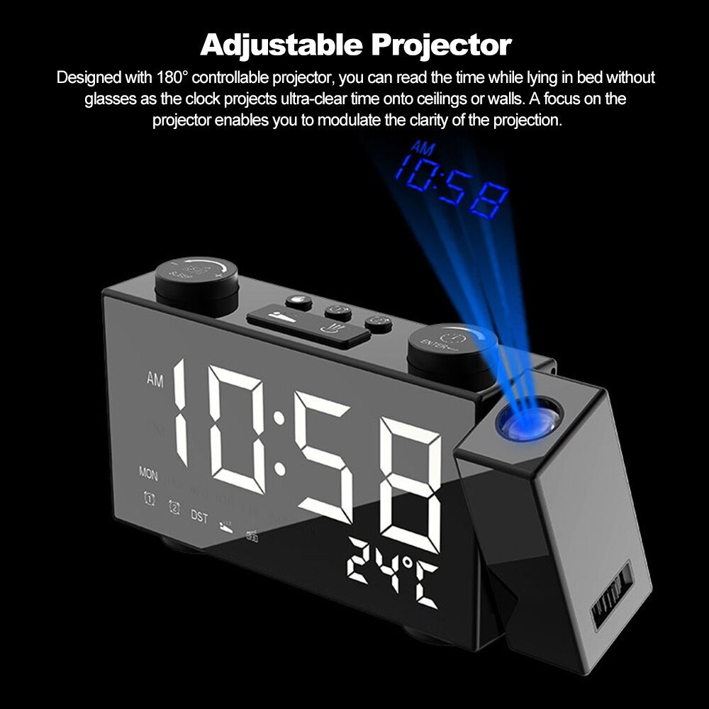 Digital Alarm Clock Dual Alarm Clock With Snooze Function LED Projector With FM Projection Radio USBb/Battery Powered