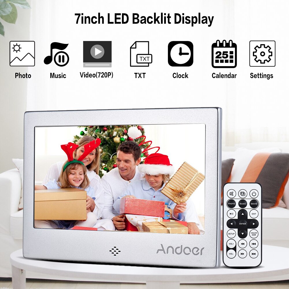Andoer 7 "LED Digital Foto Rahmen 720P Video/Musik/Kalender/Uhr/TXT Spieler 1024*600 auflögesungen Metall Rahmen w/Fernbedienung
