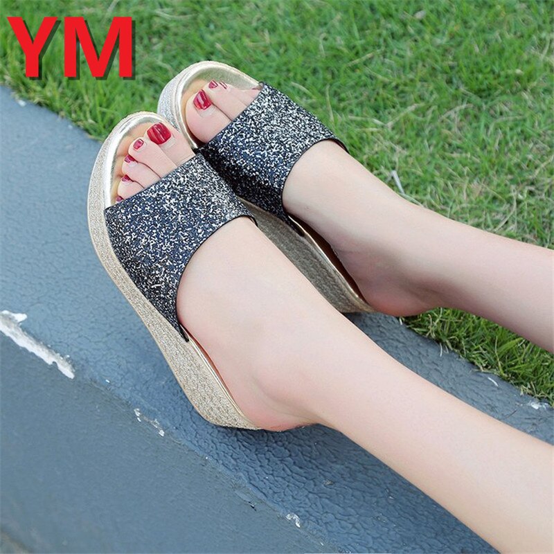 Zomer bling dames slippers rome retro casual schoenen dikke onderkant wig hak open teen sandalen strandschoenen slip on slides dames