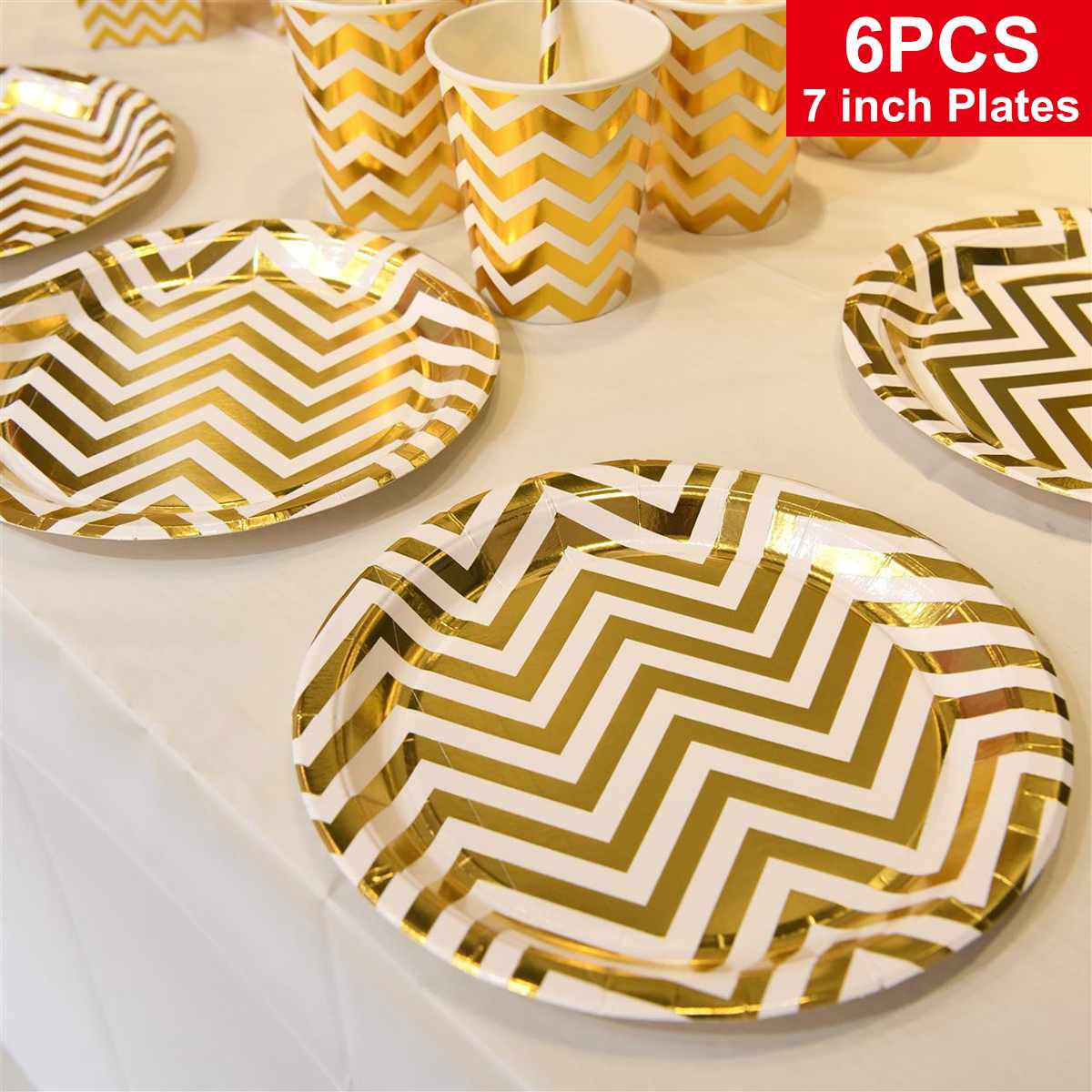 Gouden Streep Serie Party Decoratie Wegwerp Servies Sets Papieren Borden Banner Popcorn Dozen Voor Kinderen Verjaardag Baby Shower: 6PCS 7 inch Plates